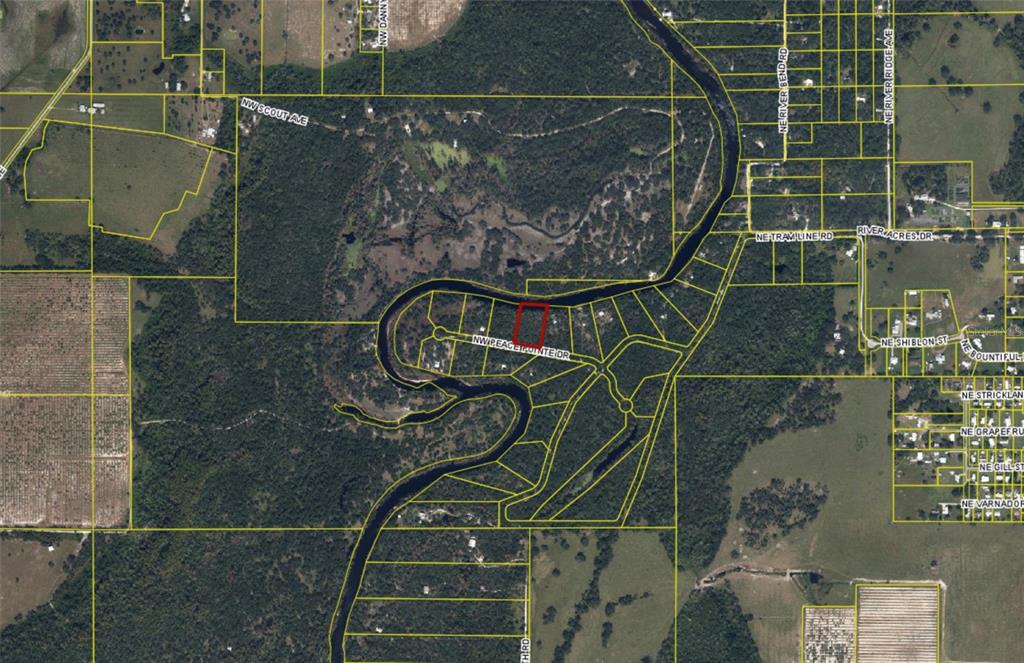 An aerial map shows a rectangular property lot highlighted in red along a river — 1234 NW PEACE POINTE DRIVE, ARCADIA, FL