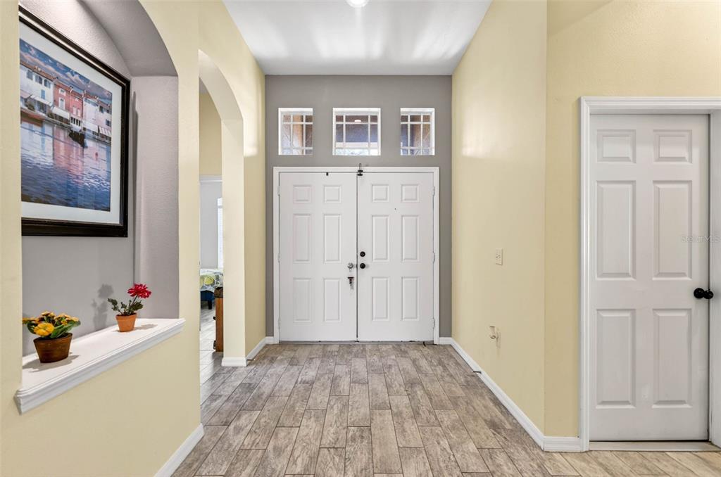 A foyer features a double front door, light-colored walls, and wood-look tile flooring — 11013 ROCKLEDGE VIEW DRIVE, RIVERVIEW, FL