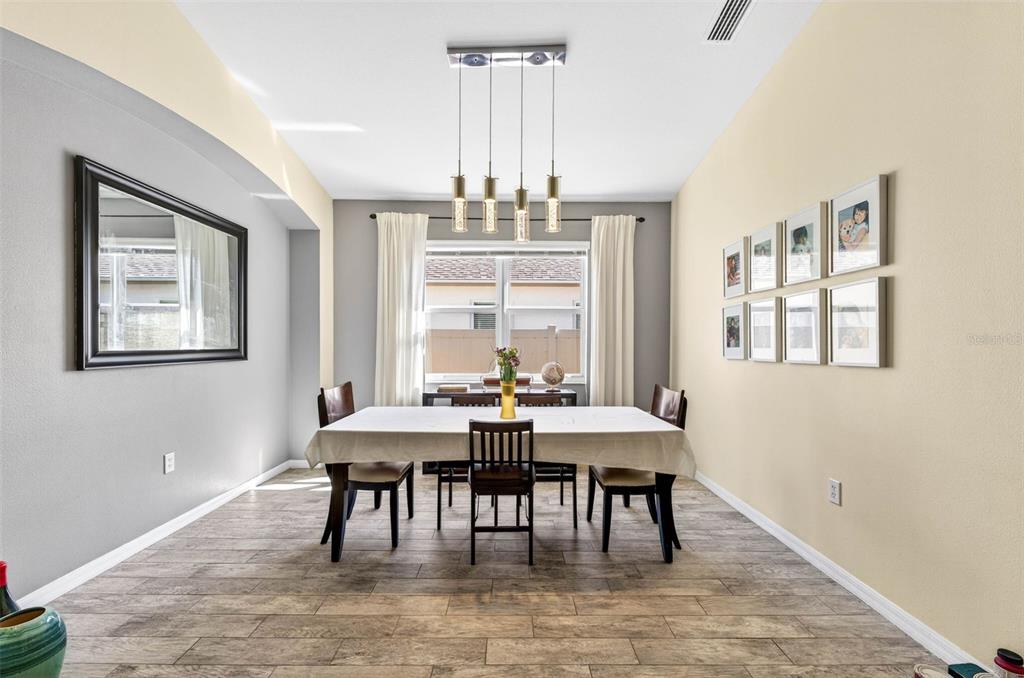 A dining room features a rectangular table, dark wood chairs, a chandelier, and framed wall art — 11013 ROCKLEDGE VIEW DRIVE, RIVERVIEW, FL