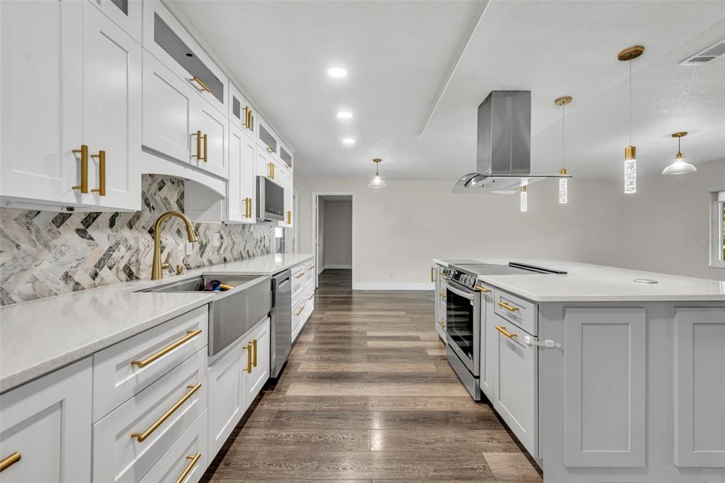 A modern kitchen features white cabinetry, a large island, stainless steel appliances, and wood-look flooring — 40 BLARE DRIVE, PALM COAST, FL