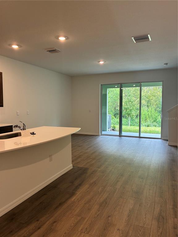 An open-concept kitchen and living area features wood-look flooring and sliding glass doors to outdoors — 32519 MIDSUMMER NIGHT LANE, WESLEY CHAPEL, FL