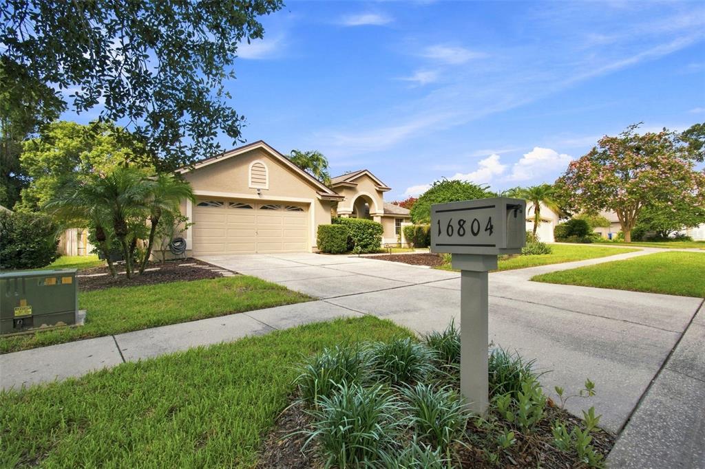 A single-story suburban house with a beige stucco exterior and a two-car garage — 16804 SHEFFIELD PARK DRIVE, LUTZ, FL
