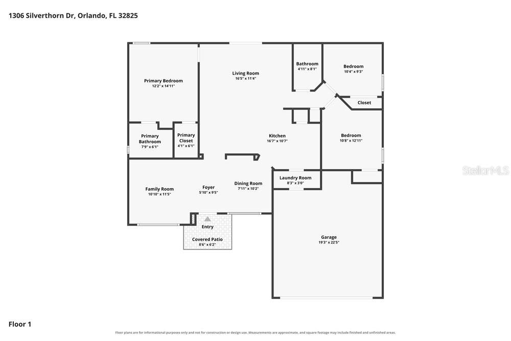This is a floor plan for a single-story house with three bedrooms and a garage — 1306 SILVERTHORN DRIVE, ORLANDO, FL