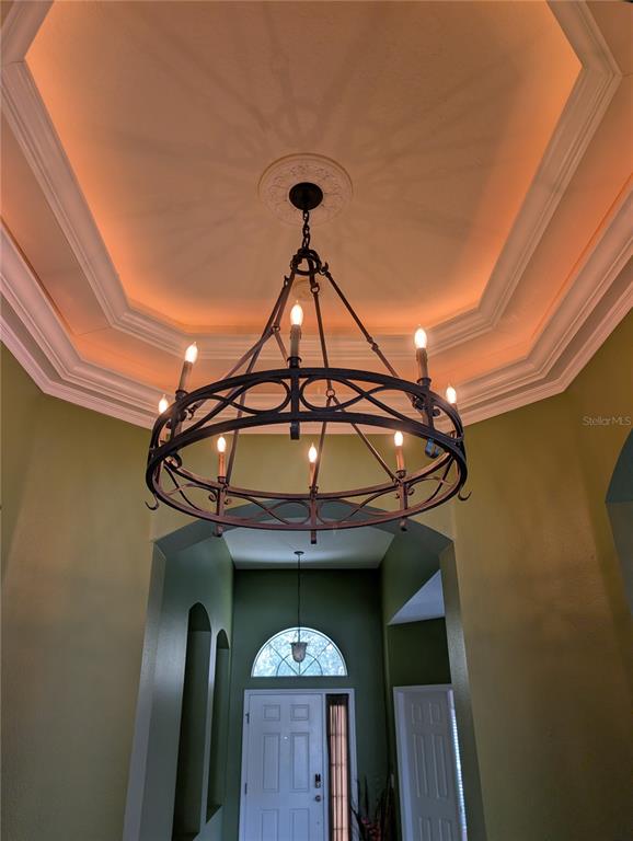 A foyer features a large circular iron chandelier hanging from a recessed tray ceiling — 7343 FOREST MERE DRIVE, RIVERVIEW, FL