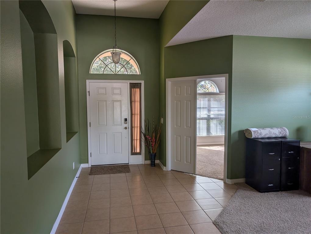 An entryway features olive green walls, tile flooring, a white front door, and an arched window — 7343 FOREST MERE DRIVE, RIVERVIEW, FL