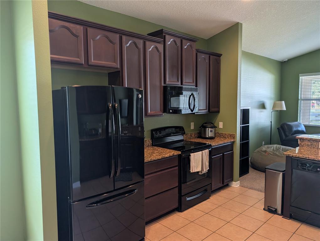 A kitchen features dark wood cabinets, black appliances, granite countertops, and green walls — 7343 FOREST MERE DRIVE, RIVERVIEW, FL