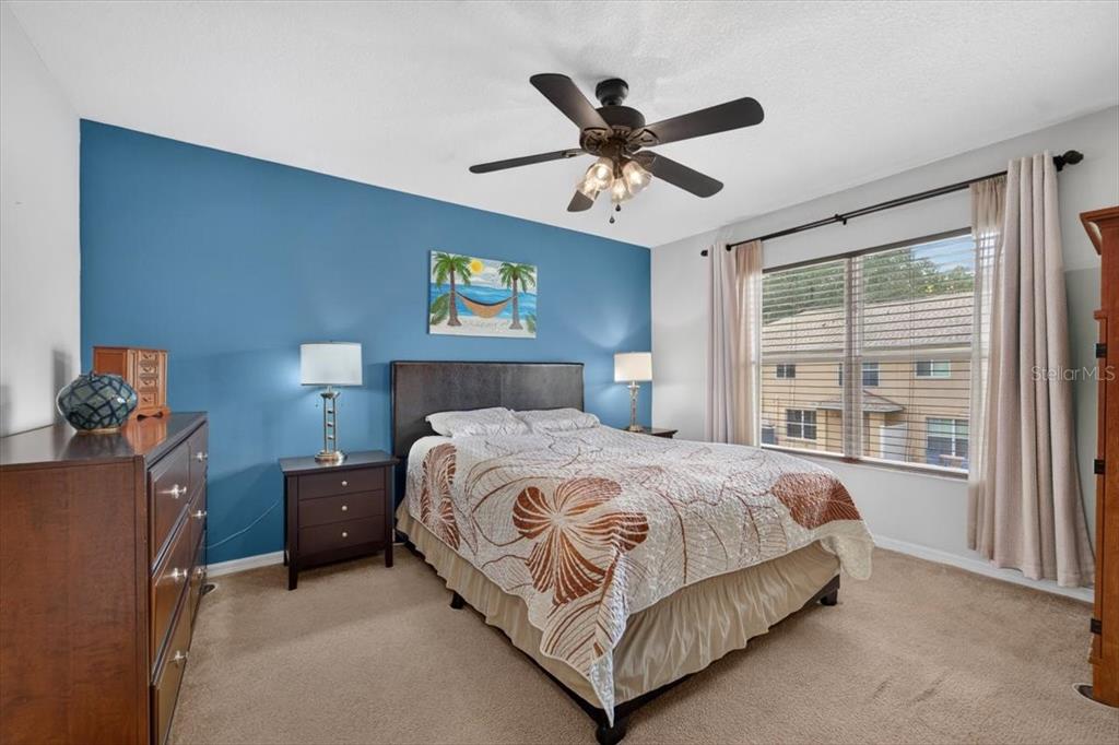 A bedroom features a blue accent wall, a queen bed, and a ceiling fan — 4582 LIMERICK DRIVE, TAMPA, FL