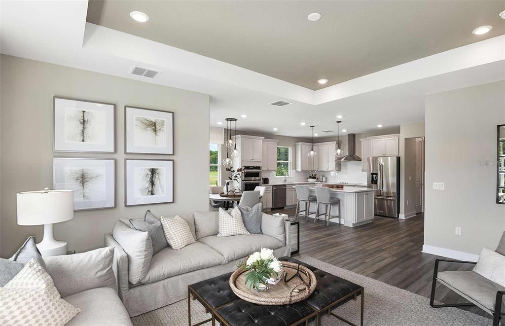 A living room with a gray sofa and coffee table opens into a modern kitchen — 14822 SUNBEAM STREET, PARRISH, FL