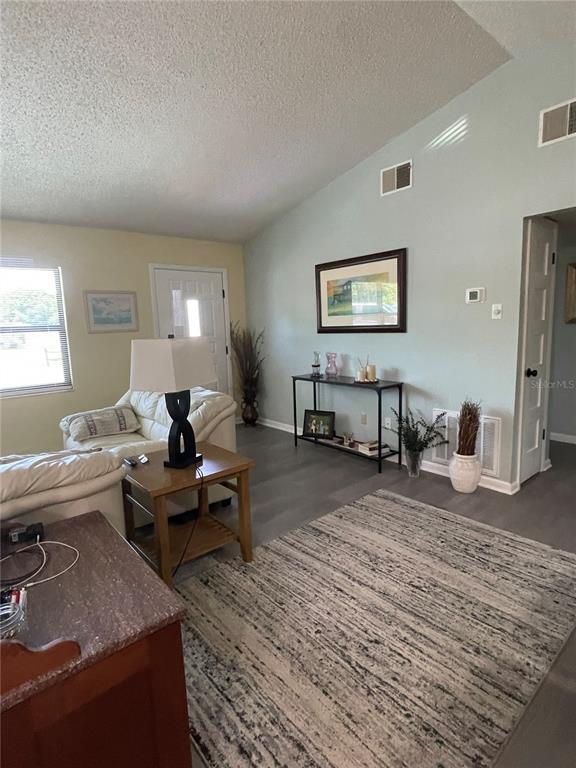 A dining and living area features light blue walls, gray flooring, and a vaulted ceiling — 7223 S SESAME STREET TERRACE, HOMOSASSA, FL