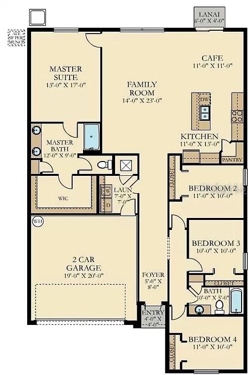 This floor plan shows a single-story home with four bedrooms, two bathrooms, and a garage — 1307 OAK CREST STREET, DAVENPORT, FL