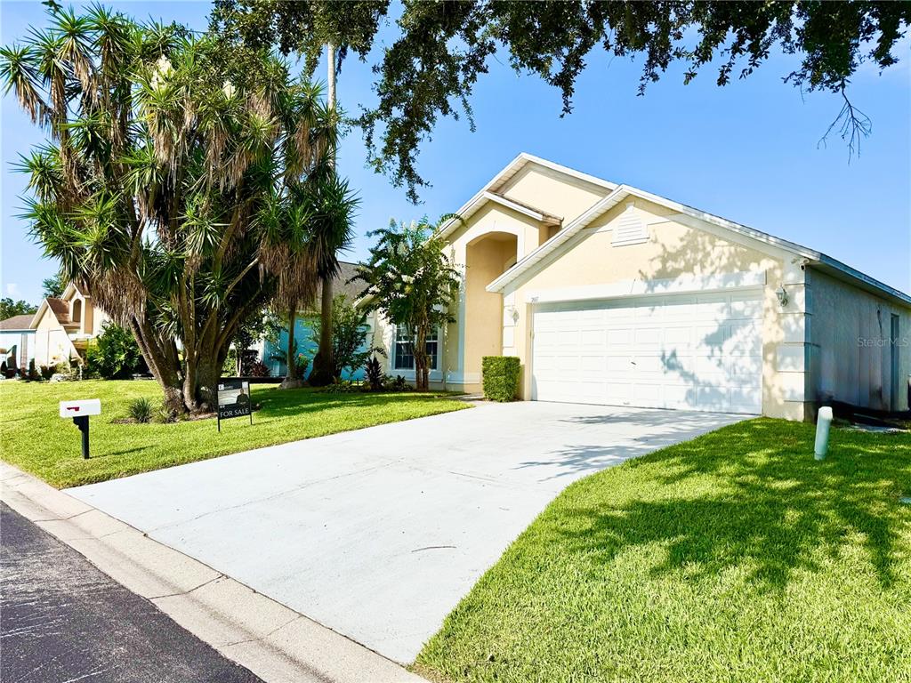 A single-story house with a two-car garage, light-colored stucco exterior, and a large palm tree — 207 LANGHAM DRIVE, DAVENPORT, FL