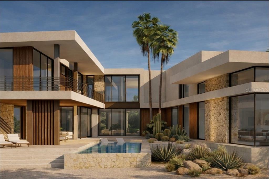 A rendering of a modern two-story house with a courtyard, swimming pool, and desert landscaping — 4857 PRIMROSE PATH, SARASOTA, FL