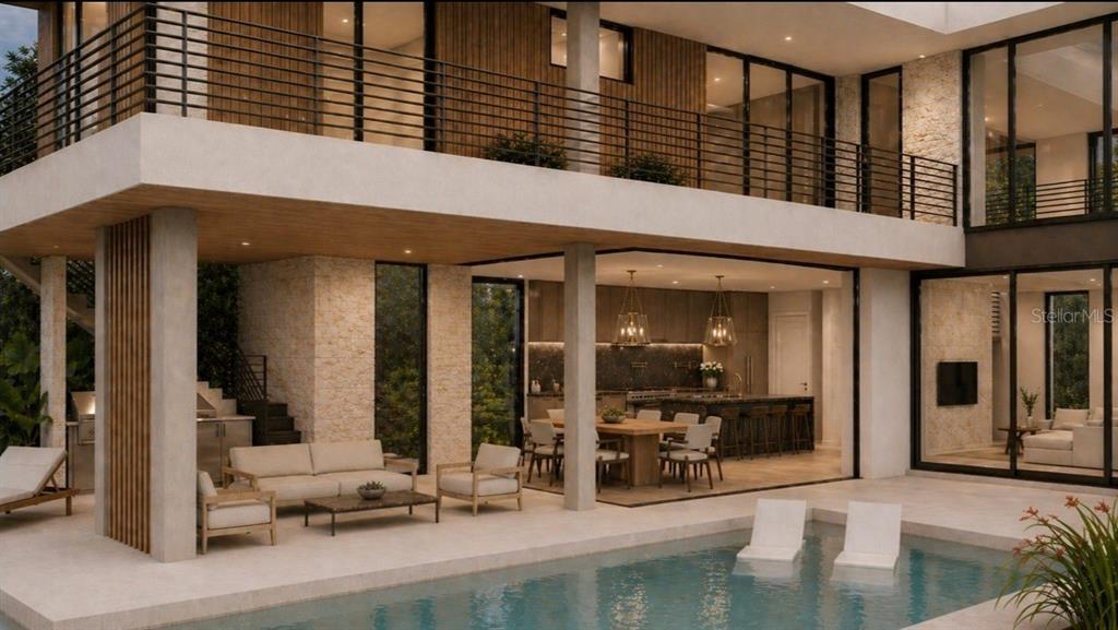 This rendering shows a modern two-story home with an open-air patio, pool, and kitchen — 4857 PRIMROSE PATH, SARASOTA, FL
