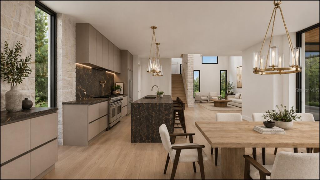 This rendering shows a modern kitchen and dining area with dark stone counters and cabinetry — 4857 PRIMROSE PATH, SARASOTA, FL