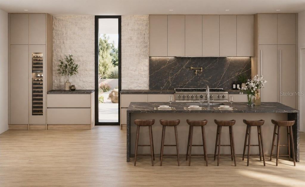 This rendering shows a modern kitchen with dark stone countertops, light cabinetry, and wood flooring — 4857 PRIMROSE PATH, SARASOTA, FL