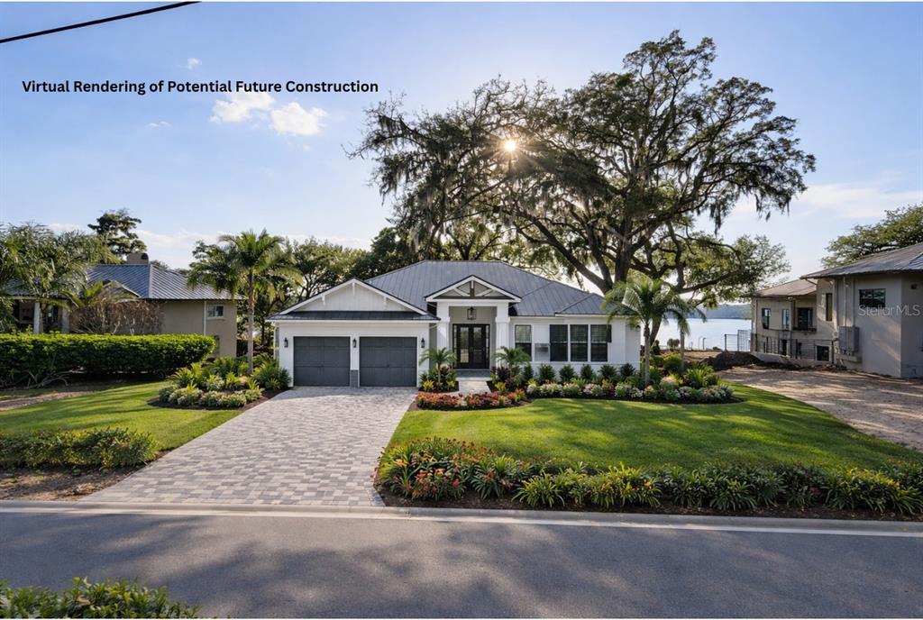A virtual rendering of a modern one-story house with a two-car garage and landscaped yard — E CROOKED LAKE DRIVE, EUSTIS, FL