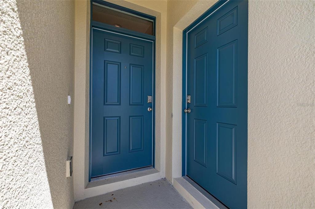 Two blue six-panel doors are set into a beige stucco entryway — 2893 HOUSE FINCH ROAD UNIT A, HARMONY, FL