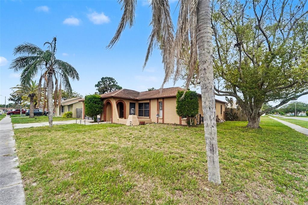 A single-story tan house with a brown roof sits on a grassy lot with trees — 1215 PERSIMMON DRIVE, HOLIDAY, FL