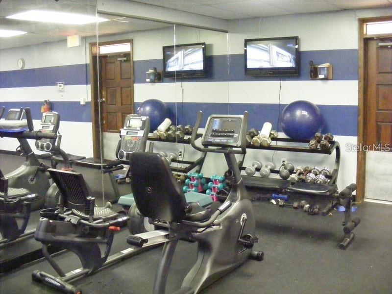 A gym room features a treadmill, various exercise machines, mirrored walls, and blue-striped walls — 9950 62ND TERRACE N UNIT 112, ST PETERSBURG, FL