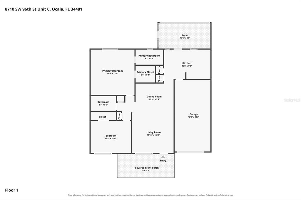 This is a floor plan for a single-story residential unit with a garage and lanai — 8710 SW 96TH STREET UNIT C, OCALA, FL