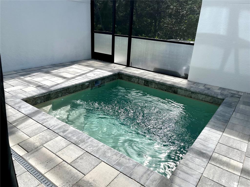 A small square swimming pool is surrounded by light-colored stone pavers inside a screened enclosure — 1427 SERENDIPITY LANE, CLERMONT, FL