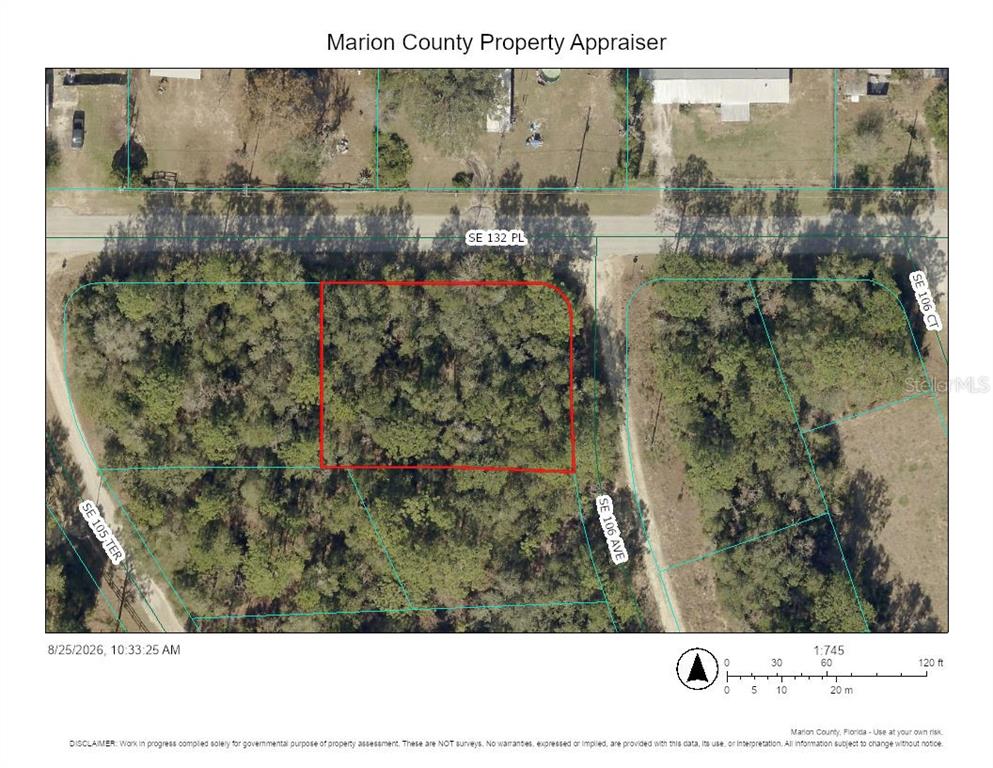 This is an aerial map showing a wooded, rectangular lot outlined in red — 00 SE 132ND PLACE, OCKLAWAHA, FL