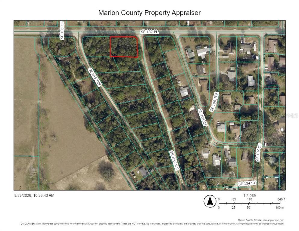 This is an aerial map showing a rectangular parcel of land outlined in red — 00 SE 132ND PLACE, OCKLAWAHA, FL