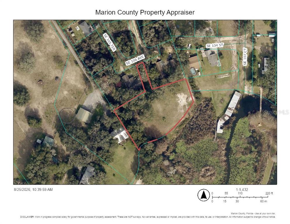 This is an aerial map showing a property lot outlined in red — 00 SE 132ND PLACE, OCKLAWAHA, FL