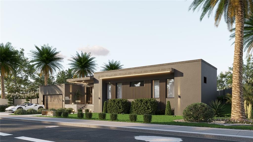 This is a rendering of a modern, single-story house with a garage and palm trees — 3736 TURTLE DOVE BOULEVARD, PUNTA GORDA, FL