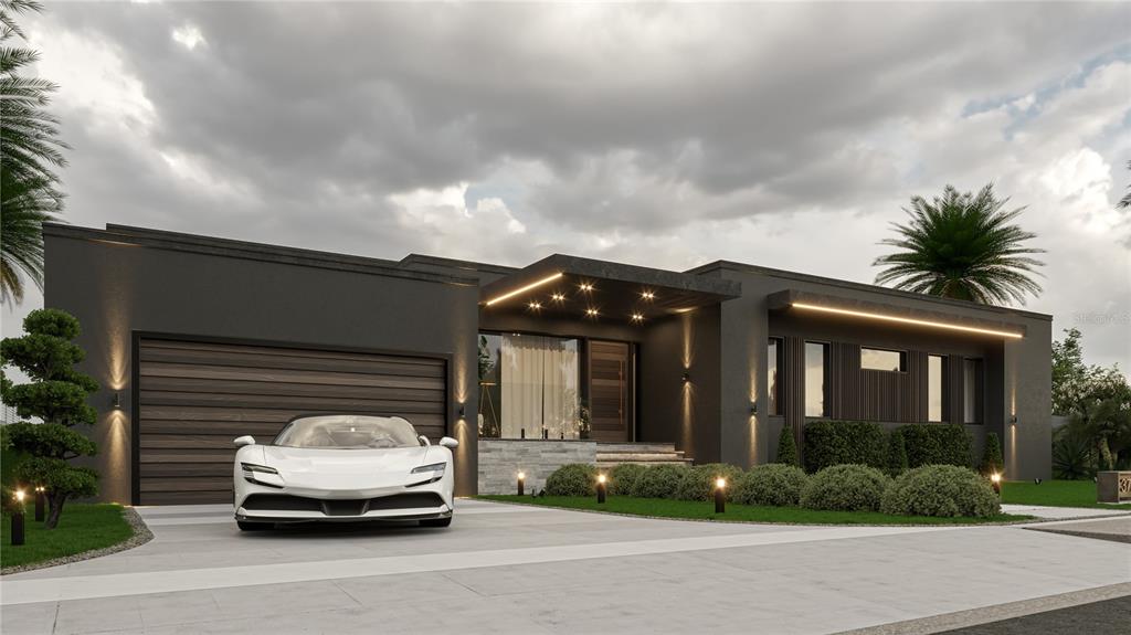 This is a rendering of a modern, dark-gray single-story house with a white sports car — 3736 TURTLE DOVE BOULEVARD, PUNTA GORDA, FL
