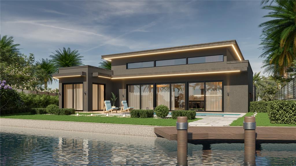 A rendering of a modern, dark-colored house with a flat roof, pool, and wooden dock — 3736 TURTLE DOVE BOULEVARD, PUNTA GORDA, FL