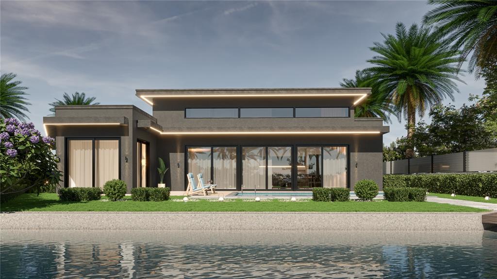 This is a rendering of a modern, dark-toned waterfront home with a pool and palm trees — 3736 TURTLE DOVE BOULEVARD, PUNTA GORDA, FL