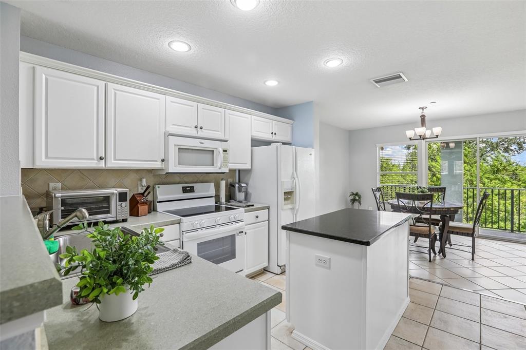 A kitchen features white cabinets, white appliances, a stainless steel dishwasher, and dark countertops — 4864 TUSCAN LOON DRIVE, TAMPA, FL