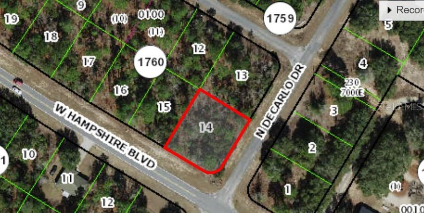 This is a map showing a vacant lot highlighted in red at a street intersection — 873 W HAMPSHIRE BOULEVARD, CITRUS SPRINGS, FL