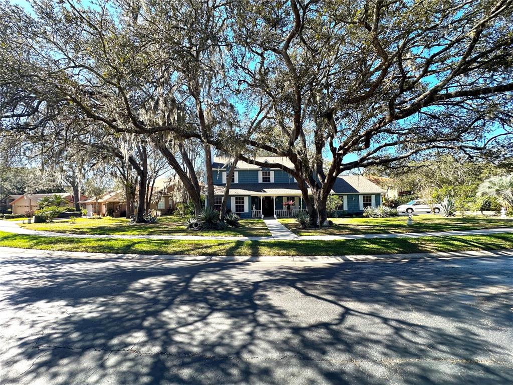 A two-story blue house sits behind large oak trees with a sidewalk leading to the entrance — 8834 WHISPERING OAKS TRAIL, NEW PORT RICHEY, FL