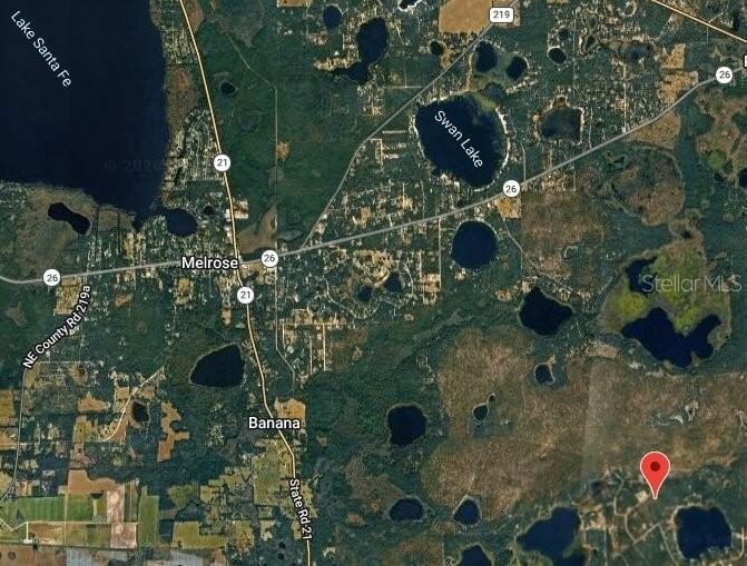 This is a satellite map showing the area surrounding Melrose, Florida, with a red location marker — 181 HILL TOP LOOP, HAWTHORNE, FL