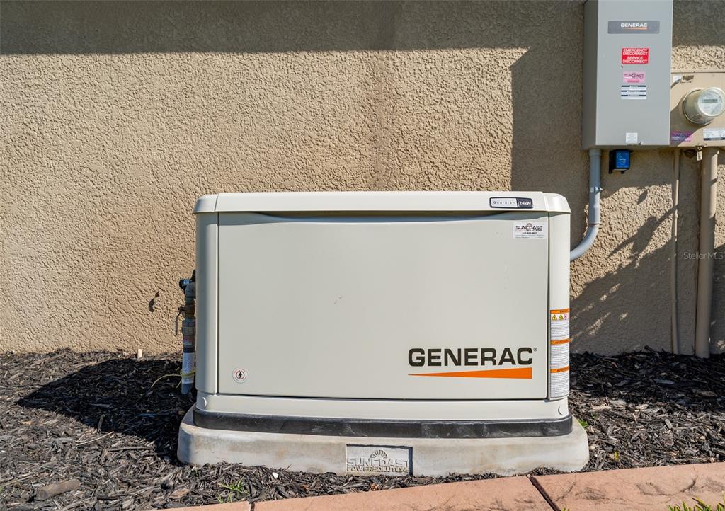 A Generac standby generator sits on a concrete pad against a beige stucco exterior wall — 5431 SANDY SHELL DRIVE, APOLLO BEACH, FL