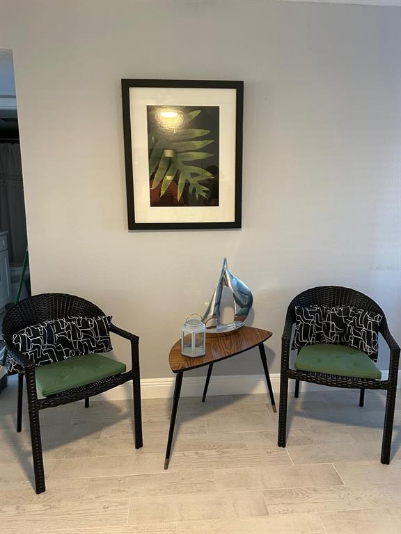 Two black wicker chairs with green cushions flank a small triangular table against a wall — 1008 APOLLO BEACH BOULEVARD UNIT 210, APOLLO BEACH, FL