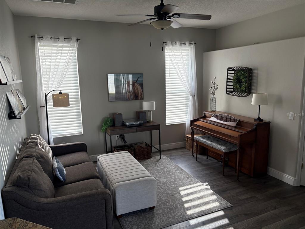 The exterior of a house features a covered entryway with columns and a gray door — 8706 LINEBROOK DRIVE, TRINITY, FL