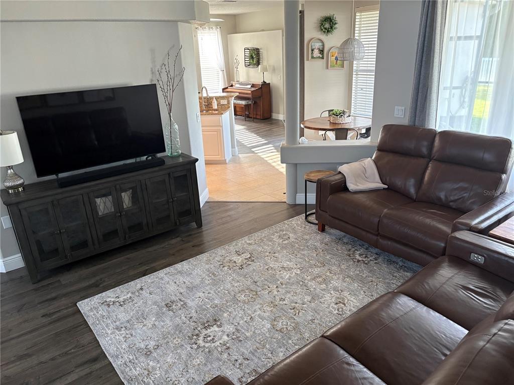 A living room features wood-look flooring, leather furniture, a television console, and a ceiling fan — 8706 LINEBROOK DRIVE, TRINITY, FL
