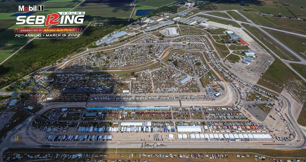 This aerial view shows the Sebring International Raceway with the track, paddock, and camping areas — 3600 DESOTO CITY ROAD, SEBRING, FL