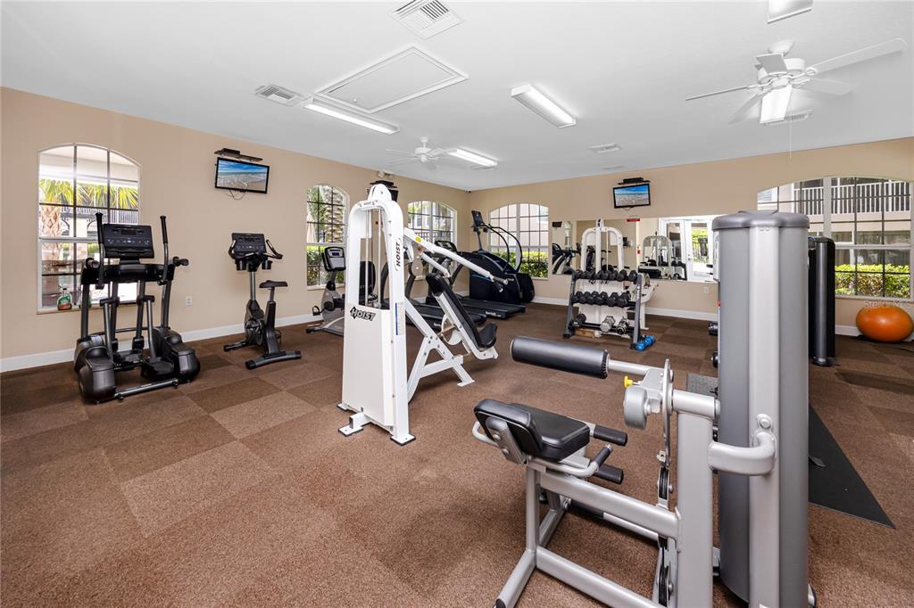 A fitness center features various exercise machines, a mirrored wall, and brown carpeted flooring — 894 LANTERN WAY, CLEARWATER, FL