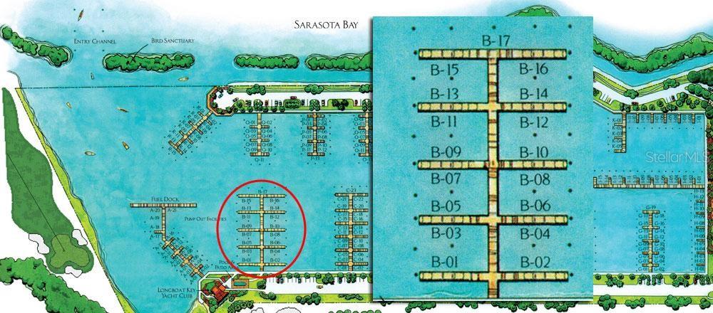 This is a map rendering of a marina showing the layout of boat slips — 2600 HARBOURSIDE DR UNIT B-08, LONGBOAT KEY, FL