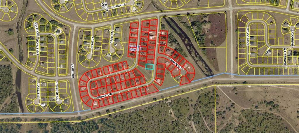 This is a map showing a residential neighborhood with a highlighted vacant lot — 7062 BRAZIL CIRCLE, LABELLE, FL