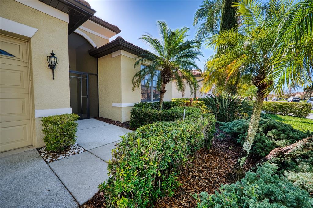 A beige house exterior features a concrete walkway, a garage, and landscaped palm trees — 8142 STIRLING FALLS CIRCLE, SARASOTA, FL