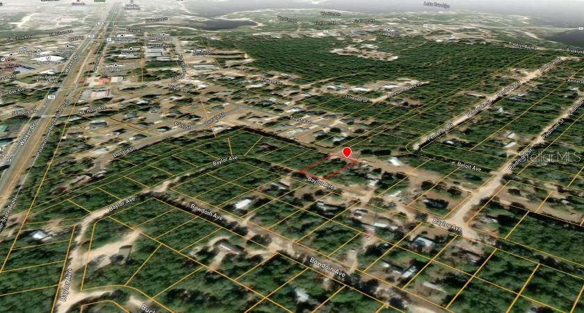An aerial map view shows a highlighted vacant lot located along a residential street — 6436 BAYLOR AVENUE, KEYSTONE HEIGHTS, FL