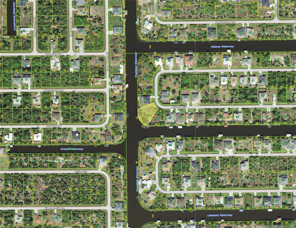 This is a map showing residential lots and waterways in a suburban neighborhood — 15296 ALDAMA CIRCLE, PORT CHARLOTTE, FL