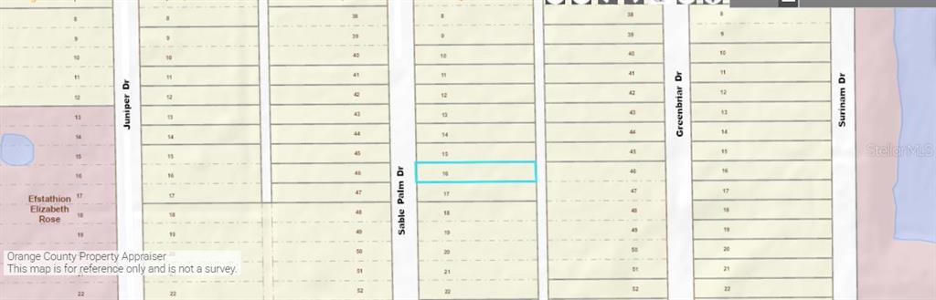 This is a property tax map showing lot 16 highlighted on Sable Palm Drive — 1033 SABLE PALM DRIVE, CHRISTMAS, FL