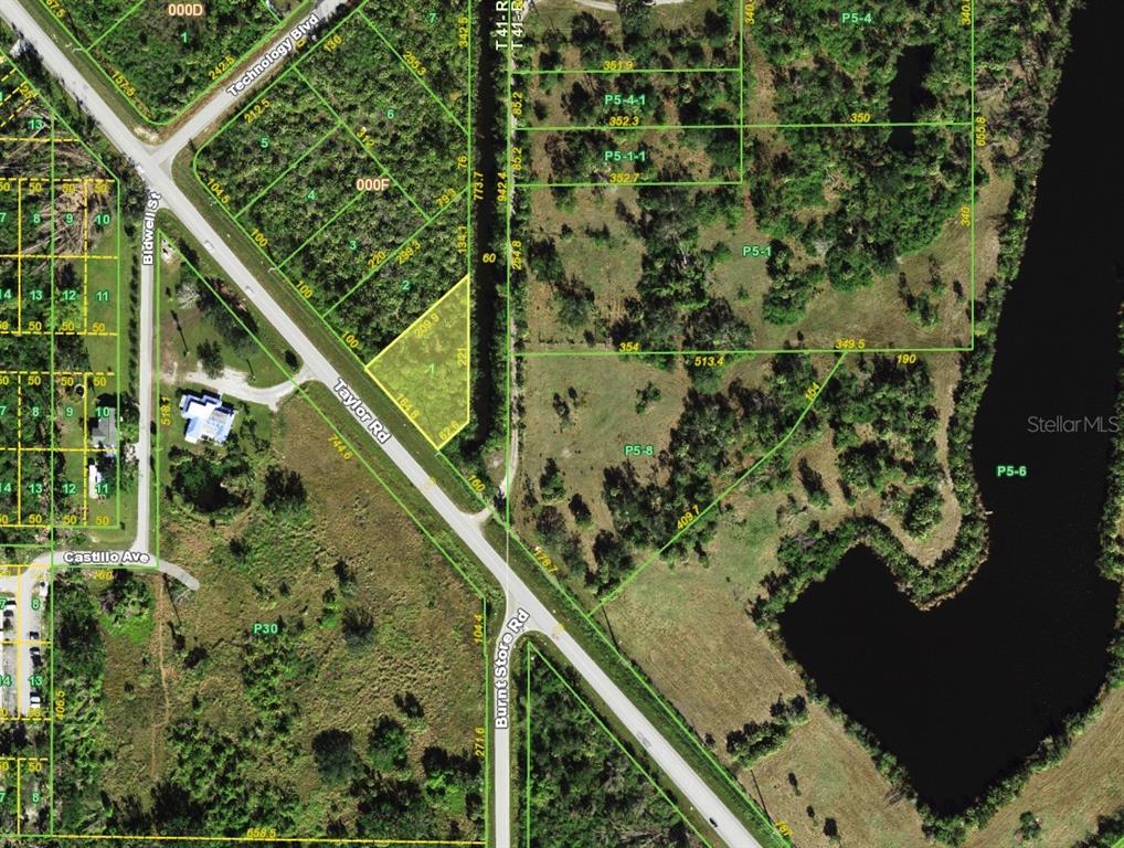 This is an aerial map showing property boundaries and roads in a rural area — 3327 TAYLOR ROAD, PUNTA GORDA, FL