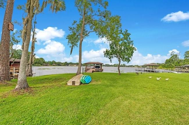 A grassy lawn leads to a lake with boat docks and trees under a blue sky — 4512 BRIDGEWATER DRIVE, ORLANDO, FL